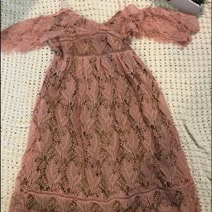 Pink Lace Maternity  Off the Shoulder Dress